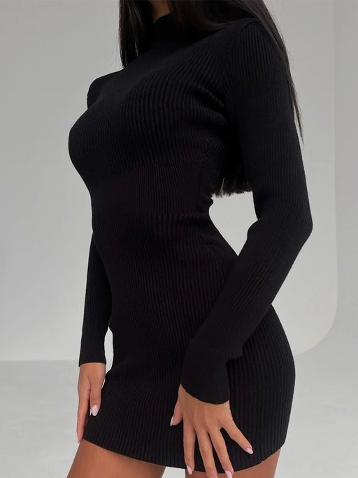 Color-Black1-Long Sleeve Knitted Dress Autumn Winter Hollow Out Cutout Sexy Skinny Short Dress-Fancey Boutique