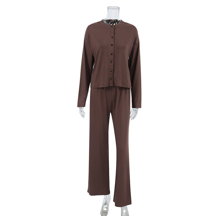 Autumn Winter Ladies Homewear Soft Comfortable Cardigan Long Sleeve Pants Thin Two Piece Suit Knitted-Brown-Fancey Boutique