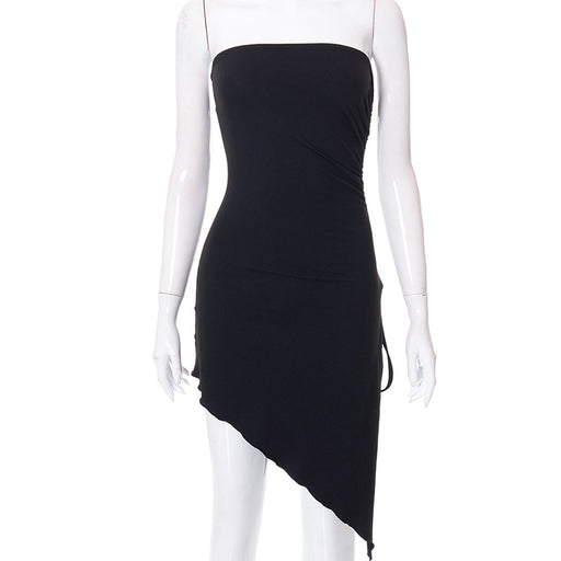 Solid Color Tube Top Side Slit Irregular Asymmetric Jumpsuit Women Dress Summer Women Clothing-Black-Fancey Boutique