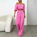 Color-Pink-Two Piece Women Summer Pure Cotton Champray Solid Color off Neck Short Sleeved Top High Waist Wide Leg Pants Casual Suit-Fancey Boutique