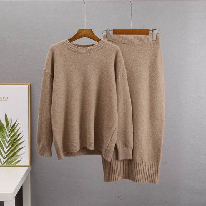 Women Sweater Autumn Winter Sweaters Cardigan Women Loose Waistband High Waisted Knitwear Skirt Sets-Khaki1-Fancey Boutique