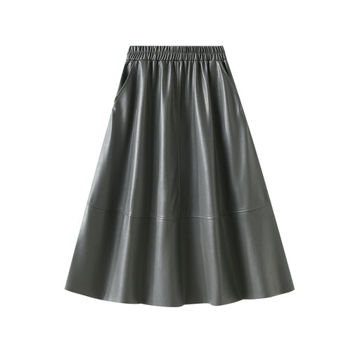 Color-Gray-Artificial Leather Retro Leather Skirt Mid Length Skirt Women High Waist A Line Skirt Long Skirt Elegant Umbrella Skirt-Fancey Boutique