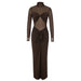 Color-Coffee-Dress Sexy Vintage Stand Collar Stitching Mesh See through Ruffled Slim Fit Long Sleeve Dress-Fancey Boutique