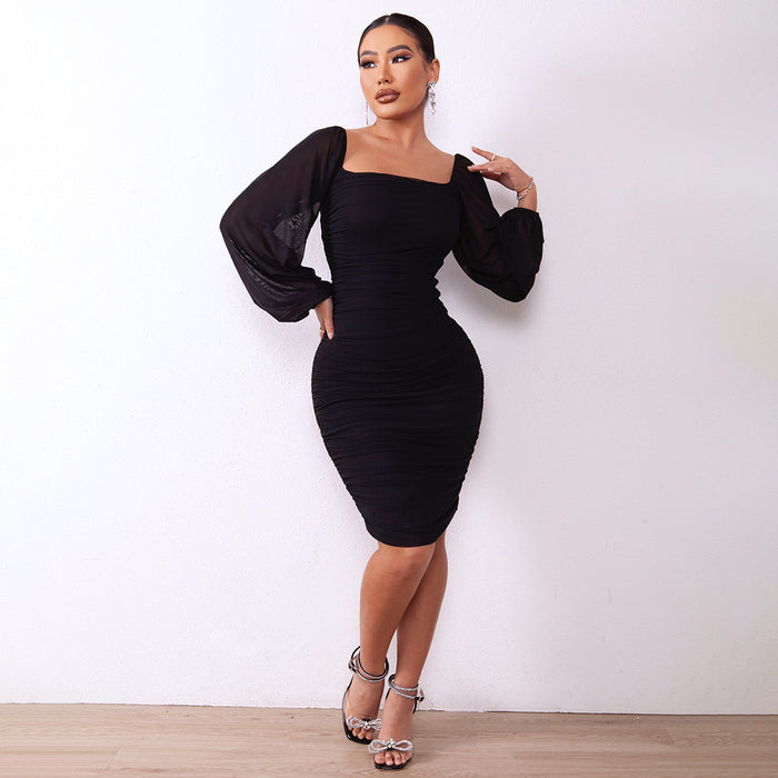 Color-Black-Women Clothing Solid Color Sexy Slim Party Long Sleeve Square Neck Pleated High Waist Sheath Dress-Fancey Boutique