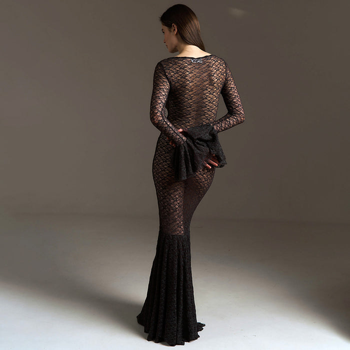 Women Clothing Summer Sexy See through Lace round Neck Tight Lace Fishtail Length Dress-Fancey Boutique