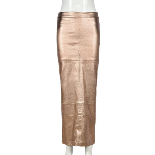 Color-Gold-Metallic Coated Fabric Slim Fit Sheath Patchwork Slit Bright Leather Women Skirt-Fancey Boutique