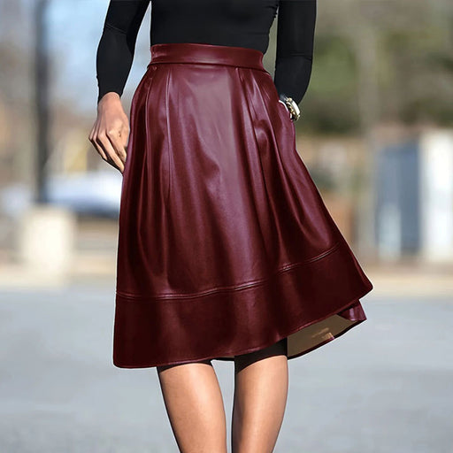 Spring Summer Faux Leather Skirt Hem Pleated Elegant Sexy Leather Skirt A Line Skirt-Fancey Boutique