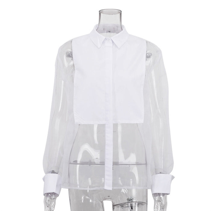 Color-White-Spring Summer Shirt Women Long Sleeved Collared Organza Stitching Shirt Top Transparent Sexy Women Clothing-Fancey Boutique