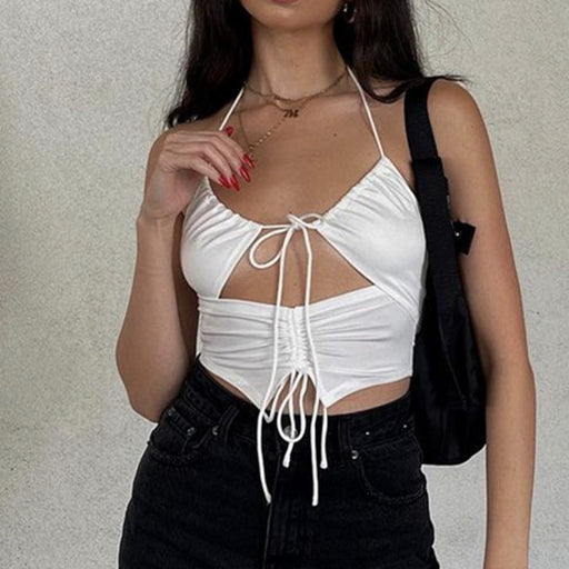 Color-White-Summer Women Wear Top Drawstring Hollow Out Cutout out Strap U Collar Slim Fit Inner Wear Small Vest for Women-Fancey Boutique