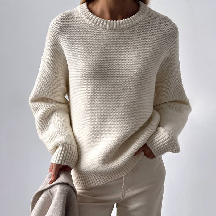 Round Neck Knitted Sweater Autumn Winter Simple Graceful Lazy Pullover White Round Neck Sweater-Fancey Boutique