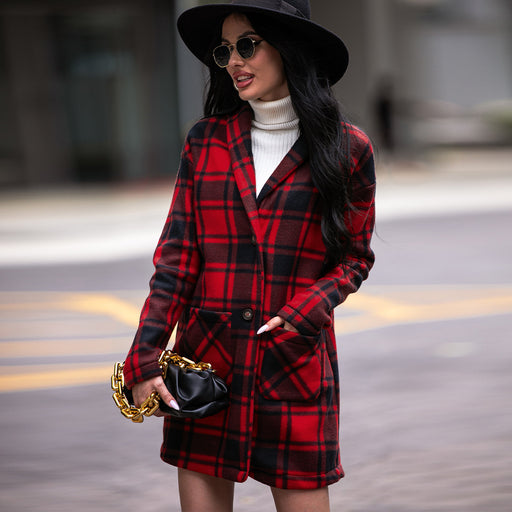 Color-Red-Autumn Winter Women Collared Pocket Plaid Wool Coat-Fancey Boutique