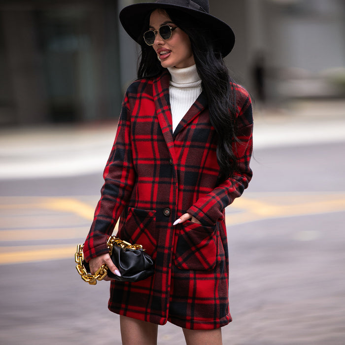 Color-Red-Autumn Winter Women Collared Pocket Plaid Wool Coat-Fancey Boutique