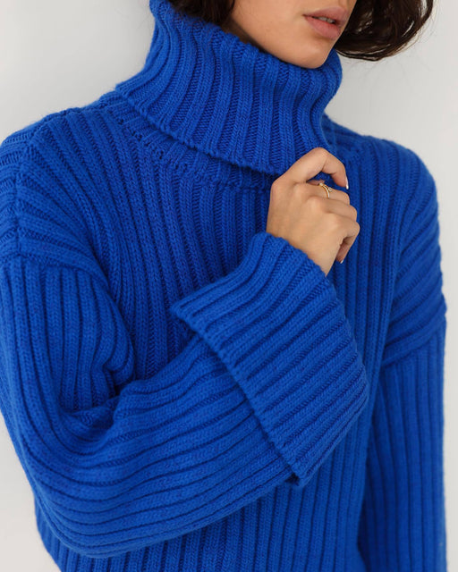 Color-Blue-Autumn Winter Women Clothing Turtleneck Woolen Oversleeve Solid Color Short Sweater Women-Fancey Boutique