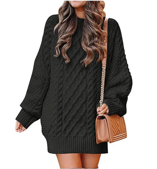Color-Black-Round Neck Long Sleeve Twisted Knitted Thick Needle Pullover Mid Length Sweater Women Dress-Fancey Boutique