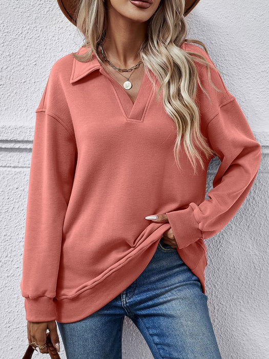 Color-Watermelon Red-Women Clothing Autumn Winter Winter Polo Collar Long Sleeve Loose Fitting Fleece Pullover Women-Fancey Boutique