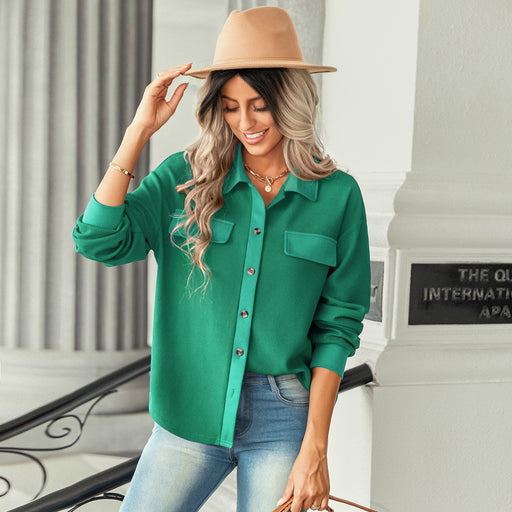 Color-Green-Women Clothing Autumn Waffle Top Women Faux Pocket Knit Shirt Shacket-Fancey Boutique