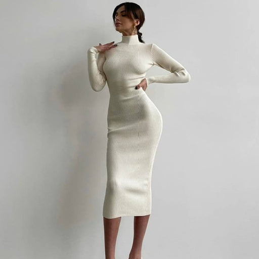 High Collar Mid Length Sunken Stripe Knitted Dress Women Solid Color Wool Tight Sexy Autumn Winter Dress-Fancey Boutique