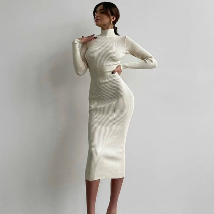 High Collar Mid Length Sunken Stripe Knitted Dress Women Solid Color Wool Tight Sexy Autumn Winter Dress-White Long Style-Fancey Boutique