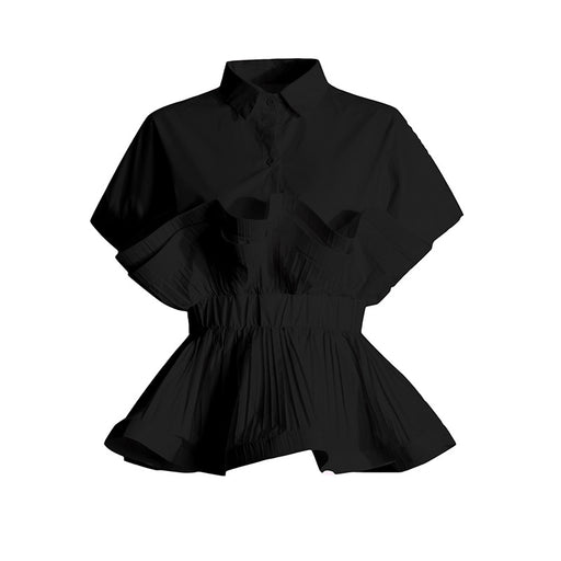Summer Polo Collar Ruffled Stitching Design Tight Waist Slimming High Grade Short Sleeve Shirt for Women-Black-Fancey Boutique