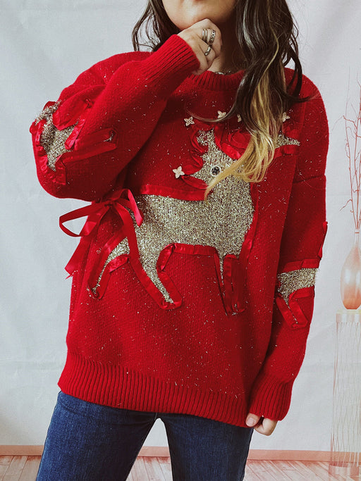 Color-Red-Autumn Winter Christmas Sweater Ribbon Gold Thread Jacquard Deer Round Neck Thickened Knitted Pullover-Fancey Boutique