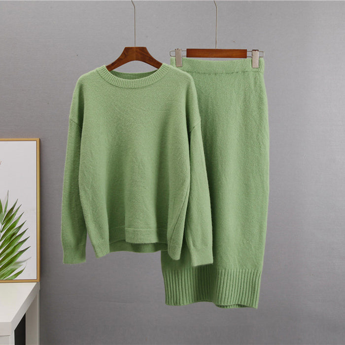 Women Sweater Autumn Winter Sweaters Cardigan Women Loose Waistband High Waisted Knitwear Skirt Sets-Green1-Fancey Boutique