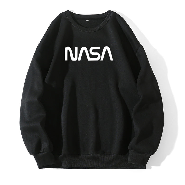 Color-Black-Fleece Lined Crew Neck Sweater Women NASA Letter Graphic Print Fresh Casual Pullover Round Neck Long Sleeves T Shirt-Fancey Boutique