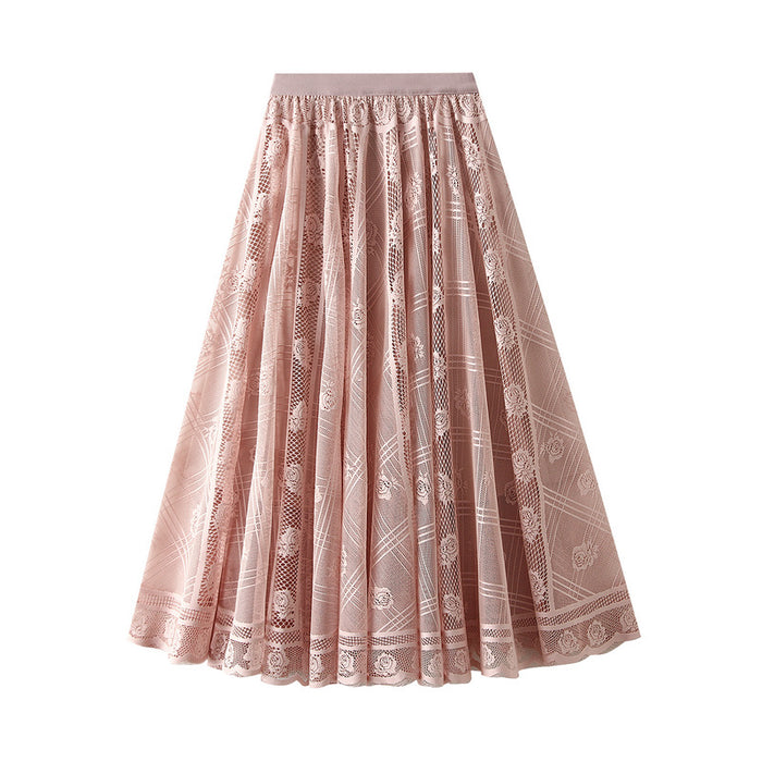 Color-Pink-Lace Skirt Women Spring Draping Effect Slimming A Line Skirt Pleated Mesh Long Skirt-Fancey Boutique