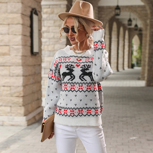 Color-White-Autumn Women Clothing Knitted Pullover Round Neck Christmas Sweater-Fancey Boutique
