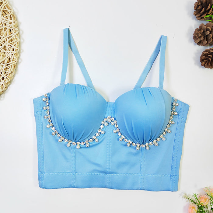 Fashionable All Match Pearl Drill Chain Boning Corset Bra Outer Wear With Steel Ring Comfortable Back Shaping Pleated Carnival Tube Top-Light Blue-Fancey Boutique