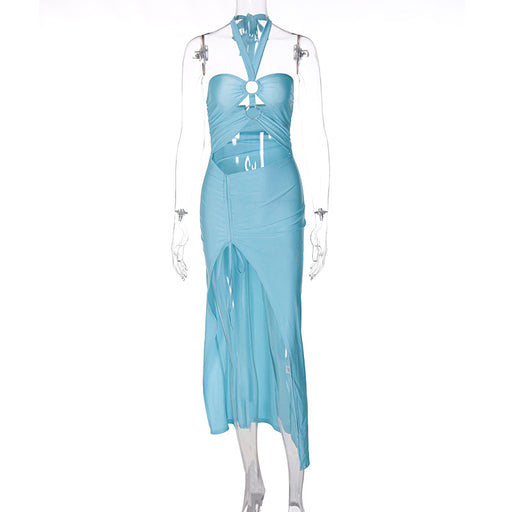 Color-Blue-Women Clothing Summer Solid Color Corset Halter Lace up Ring Connection Hollow Out Cutout Slit Dress-Fancey Boutique