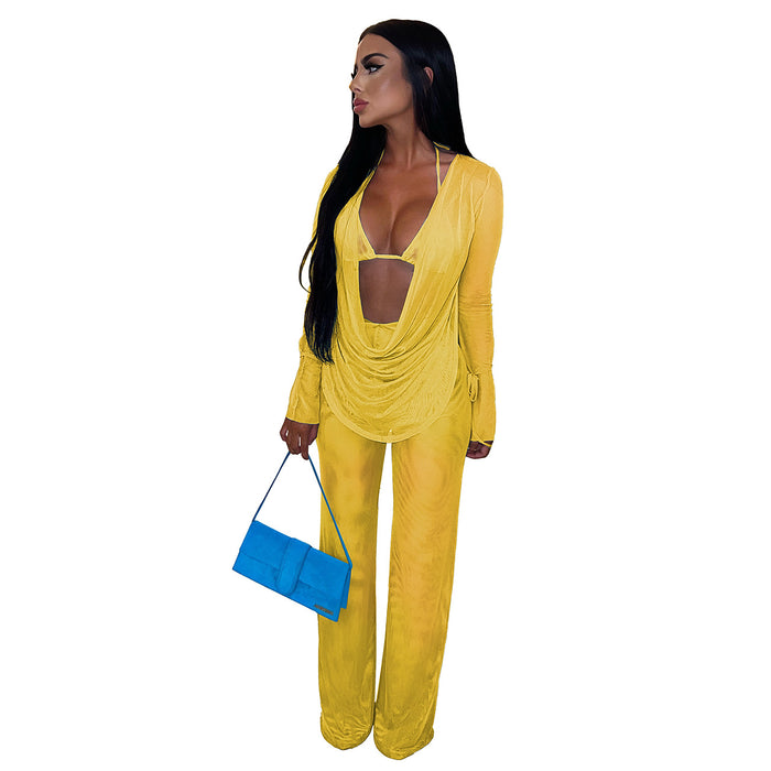 Color-Yellow-Women Clothing Night Club Bikini Sheer Mesh Sexy Three-Piece Suit-Fancey Boutique
