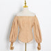 Color-Khaki-Solid Color Slim Fit Shirt Autumn Lantern Sleeve off Shoulder Single Breasted Shirt for Women-Fancey Boutique