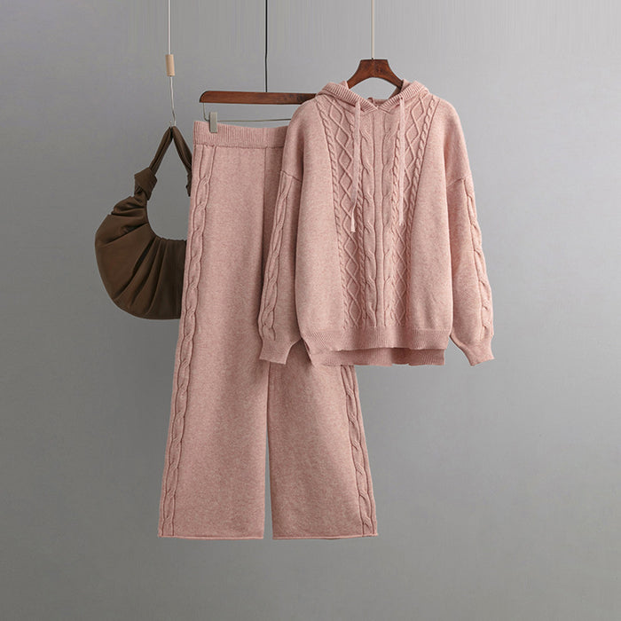 Color-Pink-Autumn Winter Suit Hoodie with Drawstrings Loose Sweater Draping Wide Leg Trousers Twist Two Piece Suit-Fancey Boutique