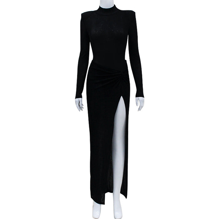 Color-Black-Women Clothing Long Sleeve Half Turtleneck Jumpsuit Sexy Pleated Split Skirt Slim Fit Sexy Set-Fancey Boutique