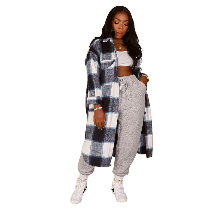 Color-Blue Black-Women Clothing Nightclub Uniforms Pocket Plaid Long Shirt Coat-Fancey Boutique