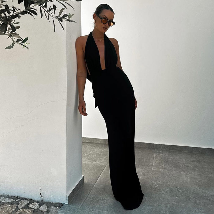 Autumn Elegant Women Black White Slim Halter Maxi Dress One Shoulder Backless Dress-Fancey Boutique