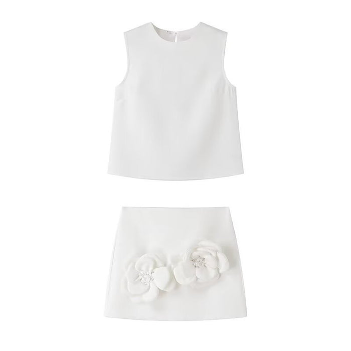 Women Clothing French Slim round Neck Sleeveless Short Top Skirt Set-White Suit-Fancey Boutique