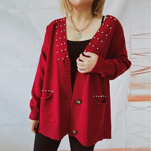 Color-Burgundy-Autumn Winter Solid Color Loose Handmade Pearl Single Breasted Pocket Knitted Sweater Cardigan Coat-Fancey Boutique
