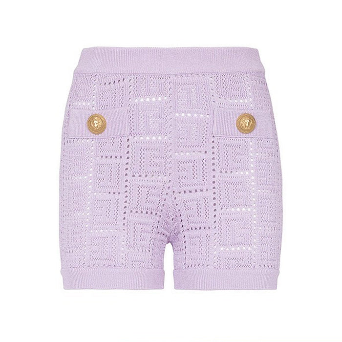 Color-Purple Shorts-Long Sleeve Short round Neck Hollow Out Cutout out Knitwear Dress Vest Shorts Women-Fancey Boutique