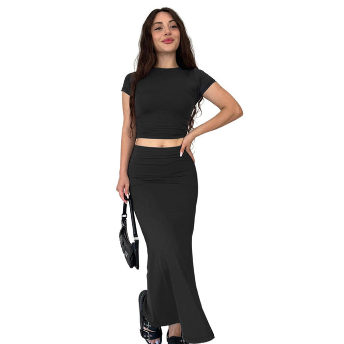 Summer Solid Color Round Neck Short Sleeve Top Women Casual Skirt Set-Black-Fancey Boutique