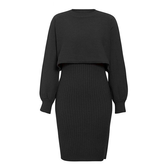 Color-Black-Knitted Two-Piece Classic High Waist Pullover Knitwear Half-Length Office Solid Color Dress-Fancey Boutique