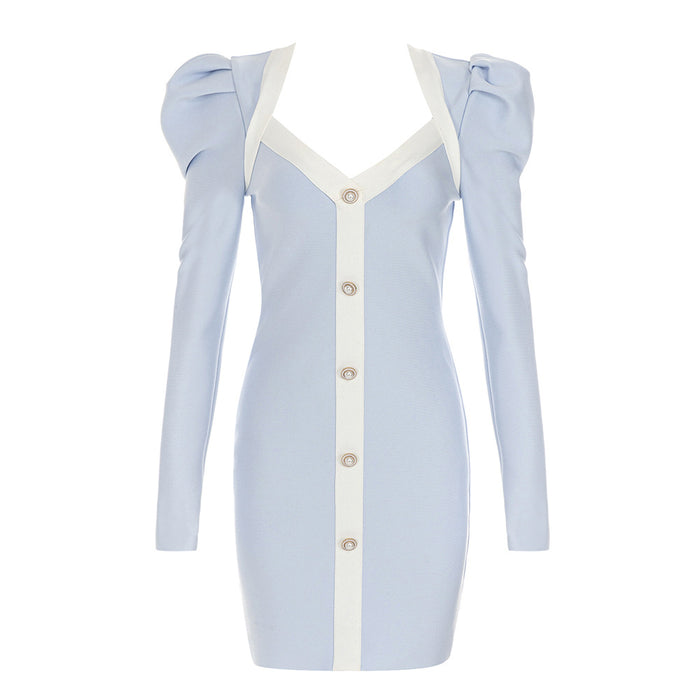 Simple Retro Long Sleeve V Neck Pearl Buckle Daily Party Dress Dress-Light Blue-Fancey Boutique