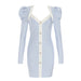 Simple Retro Long Sleeve V Neck Pearl Buckle Daily Party Dress Dress-Light Blue-Fancey Boutique