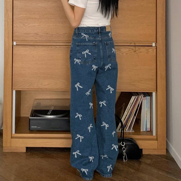 Personalized Bow Print Sweet Spicy Cool Girl Low Waist Basic Profile Casual Straight Leg Denim Trousers Summer-Fancey Boutique