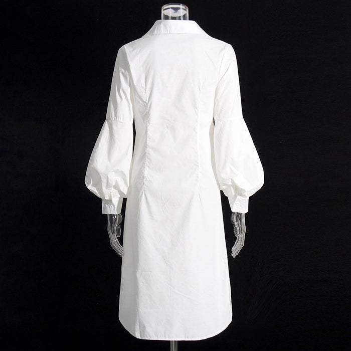 Color-White-Elegant Shirt Dress Spring Polo Collar Long Sleeve Waist Slimming Dress-Fancey Boutique