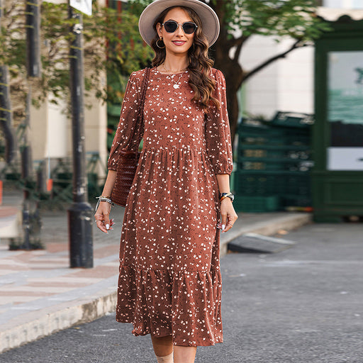 Color-Sweet Floral Spring Three Quarter Sleeve Contrast Color round Neck Midi Dress-Fancey Boutique