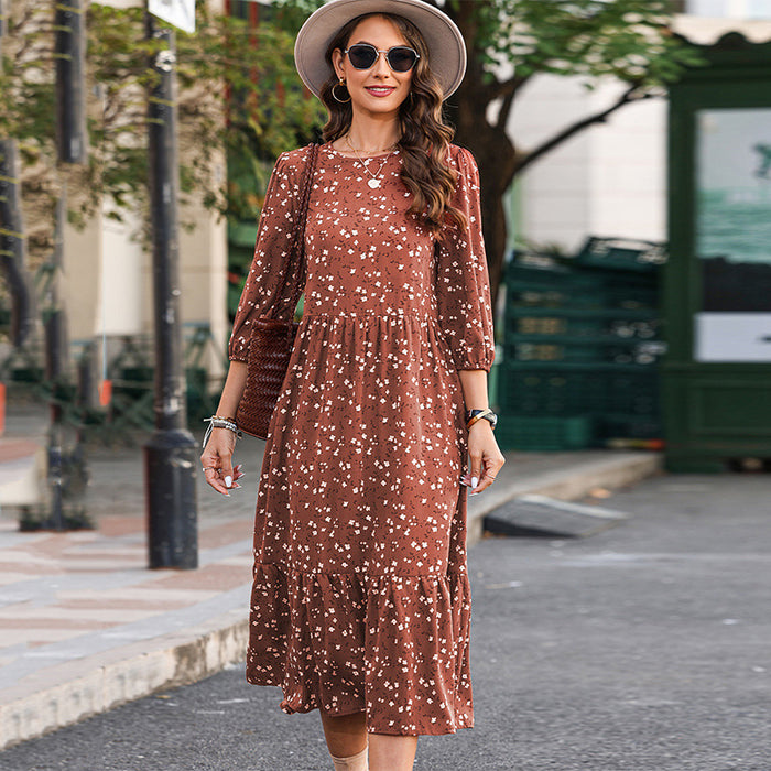 Color-Sweet Floral Spring Three Quarter Sleeve Contrast Color round Neck Midi Dress-Fancey Boutique