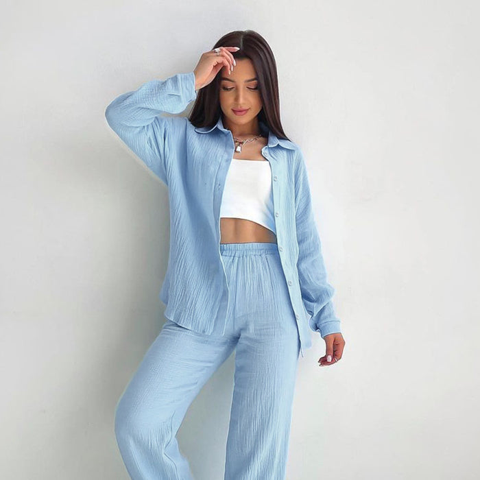 Color-Blue-Fall Blue Double Crepe Pajama Set Women French Casual Outdoor Air Conditioning Clothes-Fancey Boutique