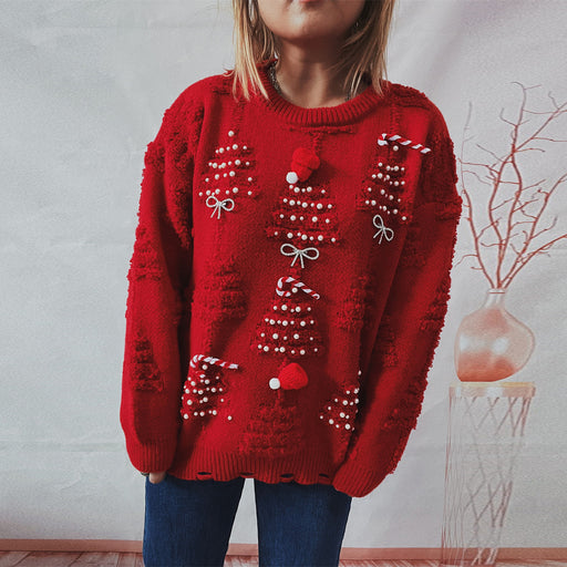 Color-Red-Handmade Pearl Christmas Theme Sweater Three Dimensional Decoration Year Holiday Sweater Pullover-Fancey Boutique