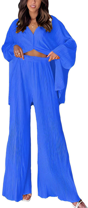 Color-Navy Blue-Spring Summer Women Solid Color Pleated Single Breasted Top High Waist Wide Leg Bell Bottoms Homewear Suit-Fancey Boutique